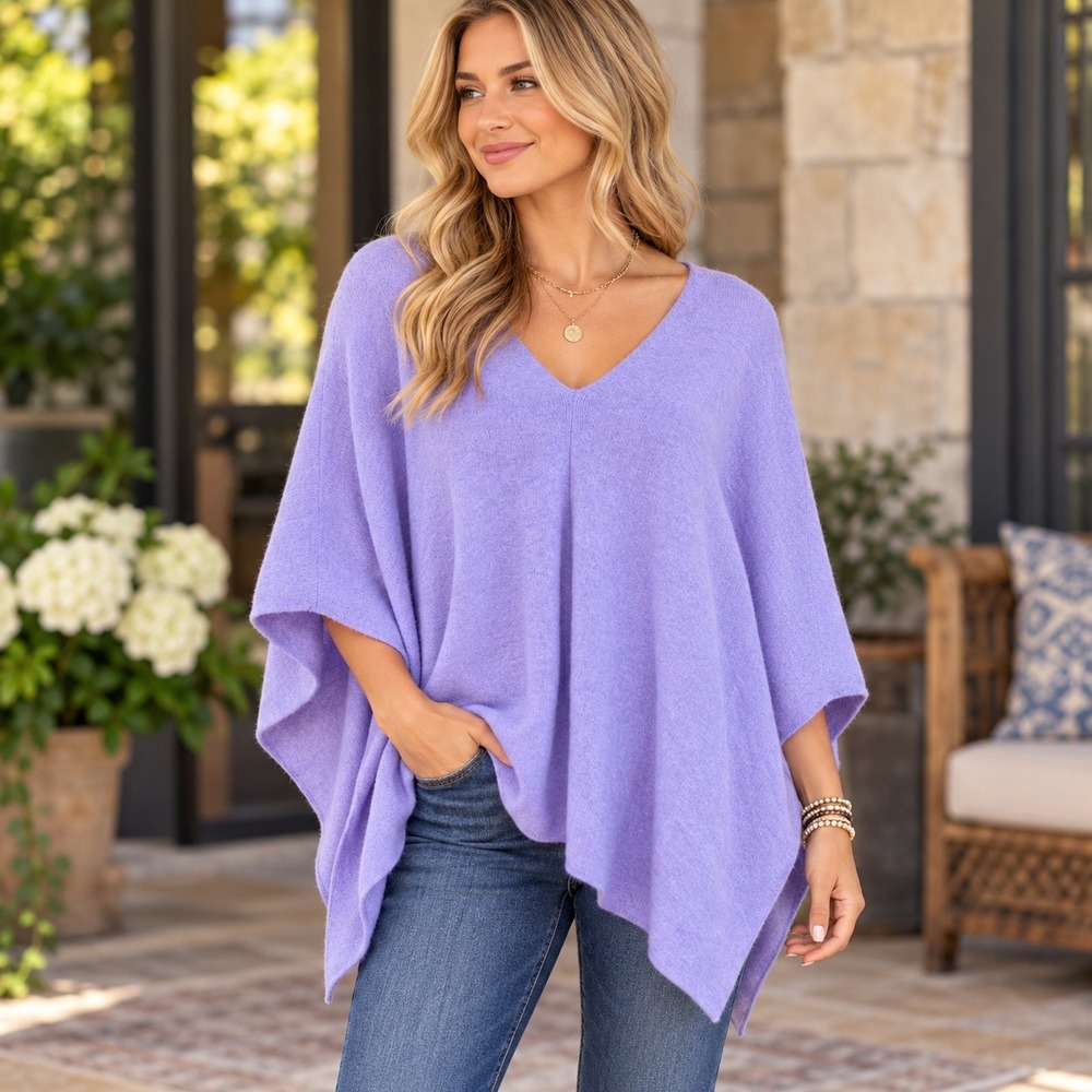 Alashan Cashmere Poncho One Size Wrap Draped Layering Shawl Purple V-Neck